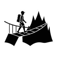 Adventurous solo hiker crossing a narrow bridge with determined courage and focus silhouette vector
