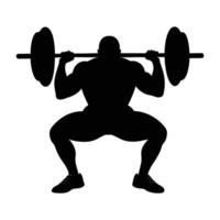 Powerlifter performing a deep squat with barbell balanced on strong shoulders vector