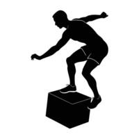 A dynamic man executing a box jump landing with explosive agility and control vector
