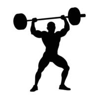 A determined man performing a barbell clean and press with explosive power vector