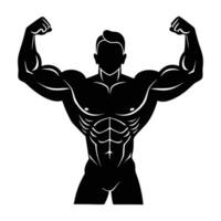 Dynamic bodybuilder flexing muscles with intense power in clear silhouette vector