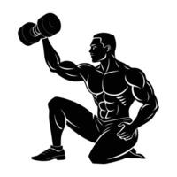 Muscular bodybuilder performing a seated dumbbell exercise in a strong silhouette vector