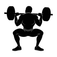 A powerful male powerlifter performing a back squat with intense focus vector