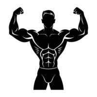 Impressive bodybuilder flexing muscles proudly after intense workout in silhouette vector