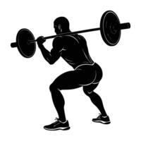 A strong man performing a barbell back squat with powerful technique and control vector