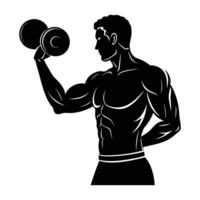 A focused man demonstrating a bicep curl with excellent form and strength vector