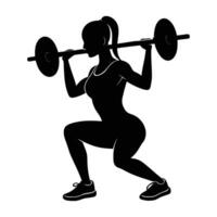 Focused woman performing a squat with a barbell using proper form and steady strength silhouette vector