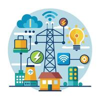 Elegant Power Grid Icon with Digital Symbols and Isolated Background vector