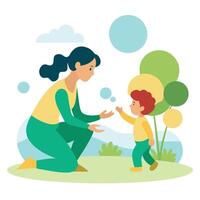 Mothers Day Illustration of a Mother and Toddler Playing with Bubbles in the Sun vector