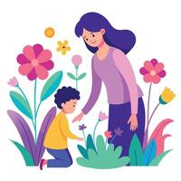 Vibrant Mothers Day Scene of a Mother and Child Exploring a Colorful World vector