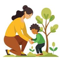 Symbolic Mothers Day Scene of a Mother and Child Planting a Tree of Love vector