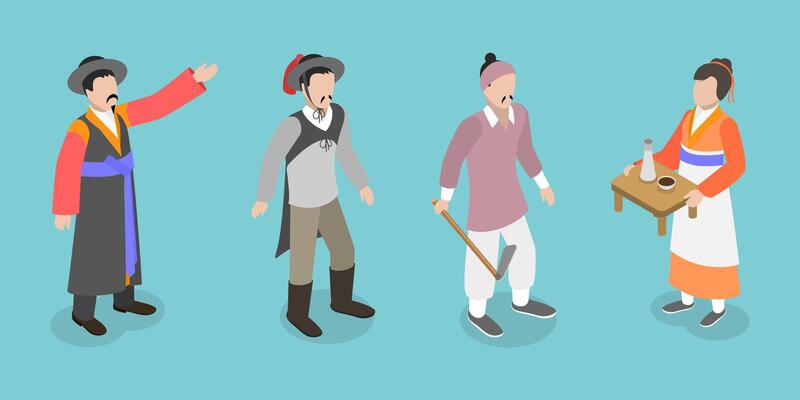 3D Isometric Flat Set of Traditional Korean Characters, Costumes of the Old Nation