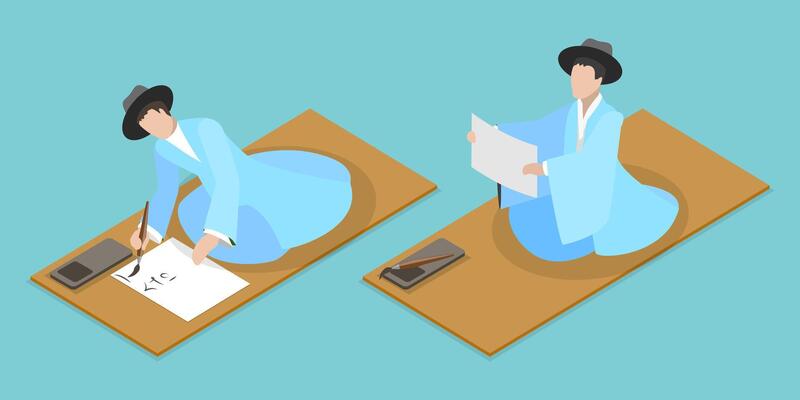 3D Isometric Flat Conceptual Illustration of Korean Traditions, Writing Characters