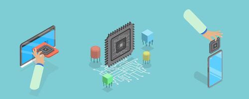 3D Isometric Flat Conceptual Illustration of Microchip, Central Computer Processor vector