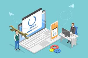 3D Isometric Flat Conceptual Illustration of System Update, Setting up Computer vector
