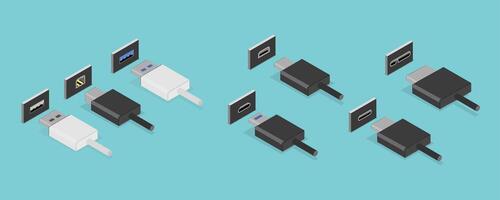 3D Isometric Flat Set of USB Types, Socket Plug in vector