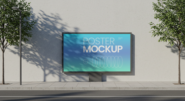 Framed Street Billboard Mockup with Front Angle View, Street Lamp, Tree Shadow and Two Trees Beside 1 psd