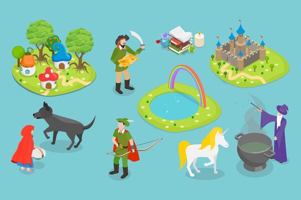 3D Isometric Flat Set of Fairytale Characters and Items, Medieval Kingdom Objects Collection