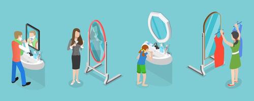 3D Isometric Flat Set of People Next to the Mirror, Daily Routine vector
