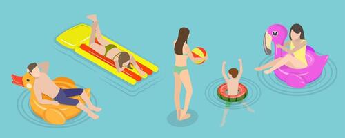 3D Isometric Flat Conceptual Illustration of Summer Pool Activities, Beach Resort Fun Time vector