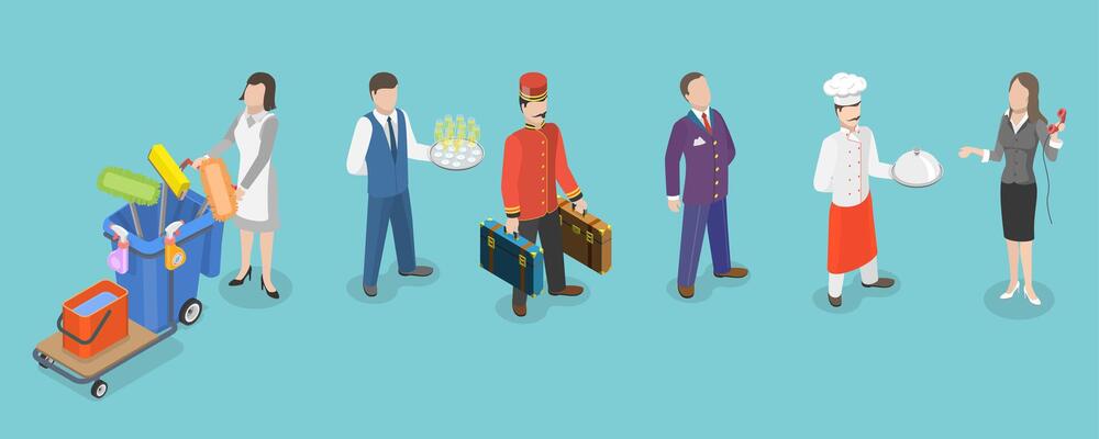 3D Isometric Flat Set of Hotel Workers, Service Staff Characters