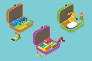 3D Isometric Flat Set of Luggages with Personal Belonging, Open Suitcases vector