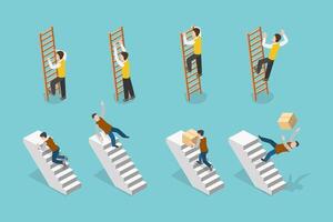 3D Isometric Flat Conceptual Illustration of Climbing Staircase and Ladder, Failure, Misfortune or Fiasco vector