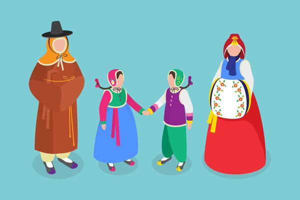 3D Isometric Flat Conceptual Illustration of Traditional Korean Clothing, Set of Characters