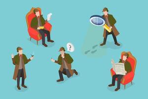 3D Isometric Flat Set of Inspector Holmes Characters, Private Investigator vector