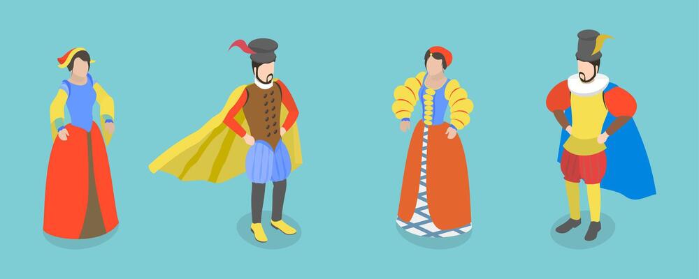 3D Isometric Flat Set of Renaissance Characters, Medieval People