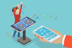 3D Isometric Flat Conceptual Illustration of Girl dj with Mixer Console, Enjoying Music vector