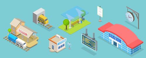 3D Isometric Flat Set of Railway Station Elements, Train, Platform, Schedule Display, Clock vector