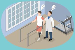 3D Isometric Flat Conceptual Illustration of Physiotherapy and Rehabilitation, Character with Artificial Limb vector