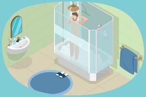 3D Isometric Flat Conceptual Illustration of Person Taking Shower, Morning Routine vector