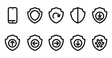 Set of 10 micro icons as mobile security shield, update security vector