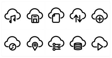 Set of 10 micro icons as cloud music, cloud disk, cloud folde vector