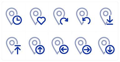 A set of 10 micro icons as location time, favorite location, refresh location vector