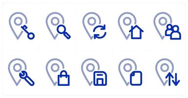 A set of 10 micro icons as key location, search location, refresh location vector