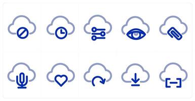 A set of 10 micro icons as cloud prohibited, cloud time, cloud equalizer vector