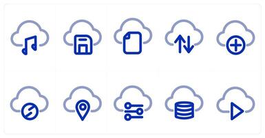 A set of 10 micro icons as cloud music, cloud disk, cloud folde vector