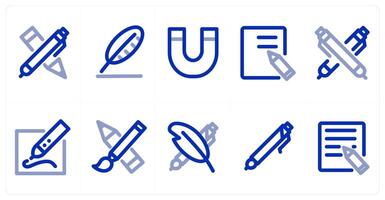 A set of 10 micro icons as stationery item, feather, magnet vector