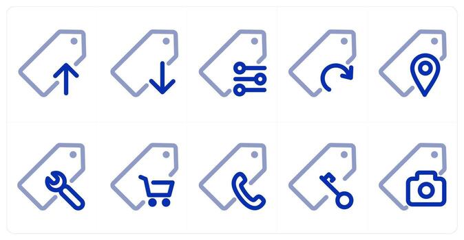 A set of 10 micro icons as upload tag, download tag, tag, refresh tag vector