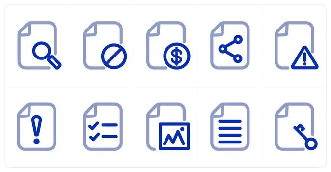 A set of 10 micro icons as search file, file prohibited, finance file vector