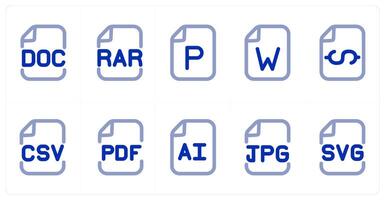 A set of 10 micro icons as doc file, rar file, p file vector