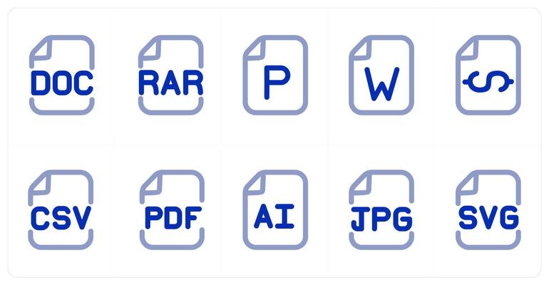 A set of 10 micro icons as doc file, rar file, p file