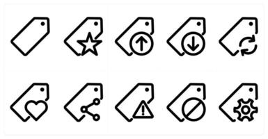Set of 10 micro icons as tag, favorite tag, upload tag vector