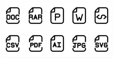 Set of 10 micro icons as doc file, rar file, p file vector