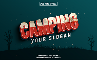 Camping text effect in red and white with a nature psd