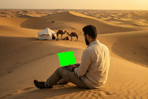 man in desert using laptop with green screen psd