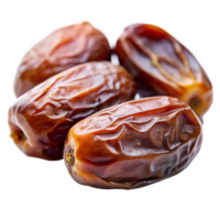 Closeup of four delicious Medjool dates fruit showing rich brown color and wrinkled texture png